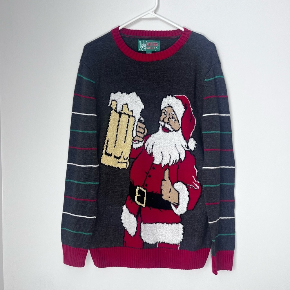 Ugly Christmas Sweater Santa Holding Mug Of Beer Size Medium